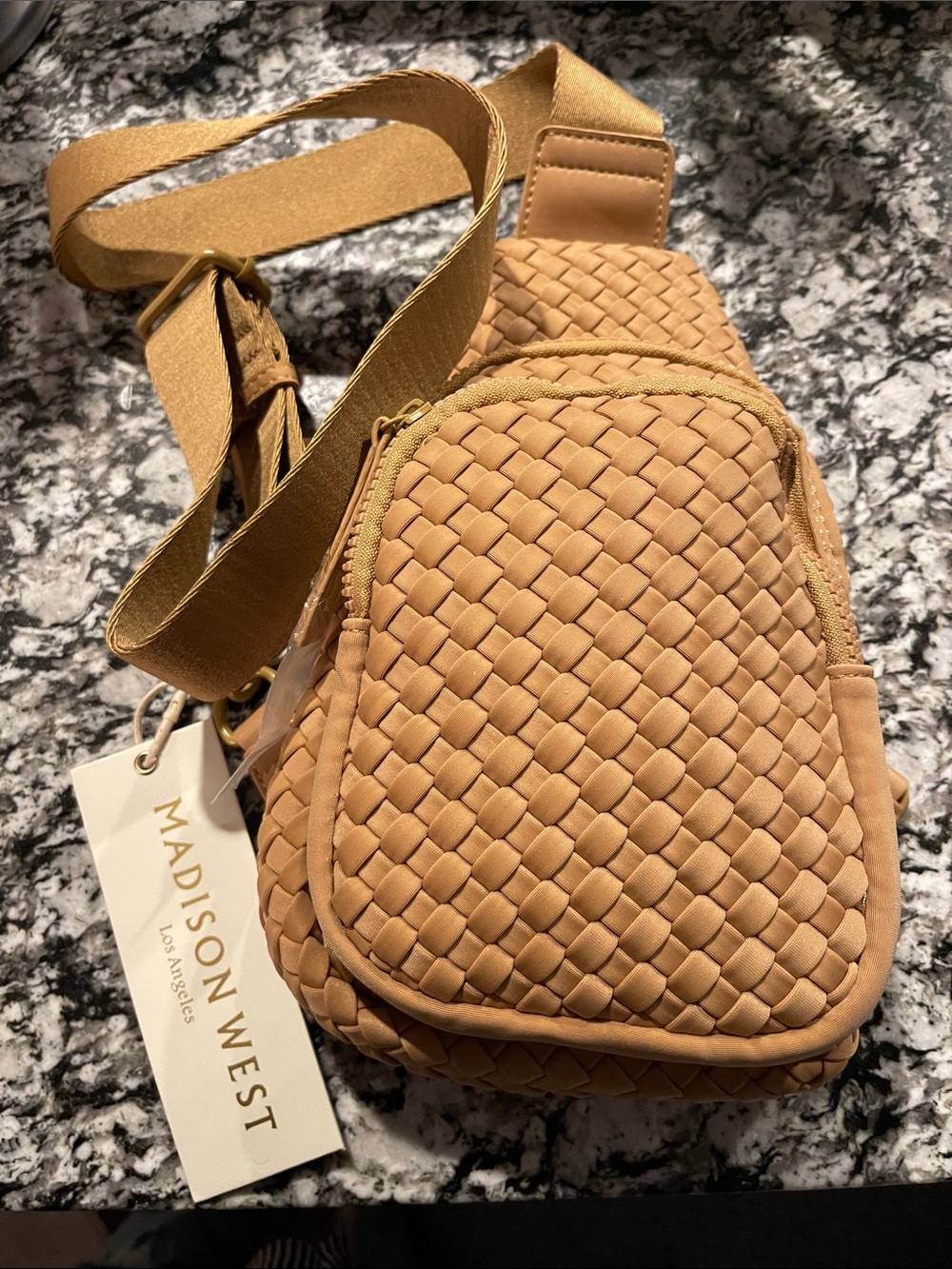 Madison West Woven Crossbody Sling Bag - Tan/Gold Strap NWT